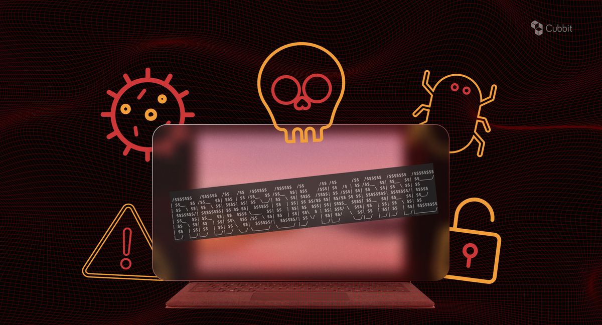 infographic with blurred computer mockup and written ransomware on it there are also warning signs around